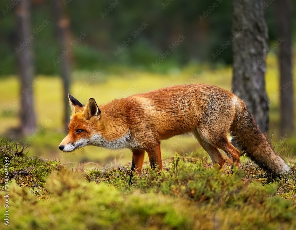 Beautiful Male Red Fox Standing in A Natural Background During Sunset in A National Park Beautiful Male Red Fox Standing in A Natural Background During Sunset in A National Park