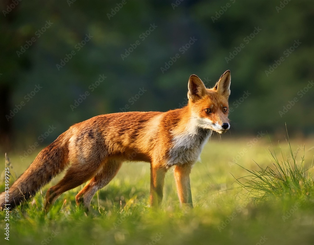 Fototapeta premium Beautiful Male Red Fox Standing in A Natural Background During Sunset in A National Park