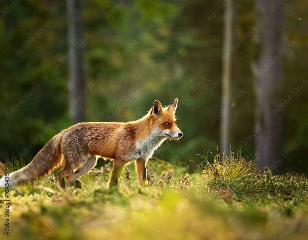 Fototapeta premium Beautiful Male Red Fox Standing in A Natural Background During Sunset in A National Park