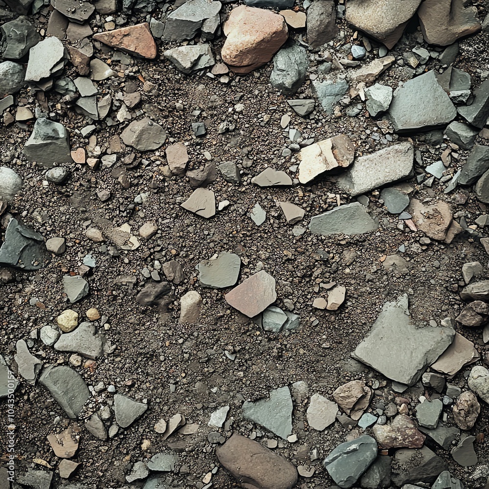 Close-up of rocky ground surface showing various sizes and colors of stones. Close-up of rocky ground surface showing various sizes and colors of stones.