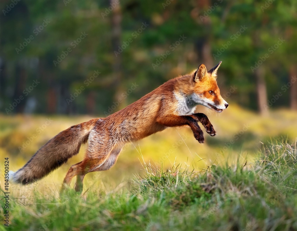 Beautiful Male Red Fox Standing in A Natural Background During Sunset in A National Park Beautiful Male Red Fox Standing in A Natural Background During Sunset in A National Park