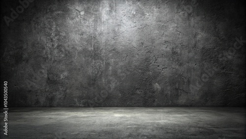 Rough dark concrete floor with wide angle view in front of black wall texture background