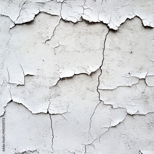 Peeling paint on a textured concrete wall, highlighting cracks and weathered surface.