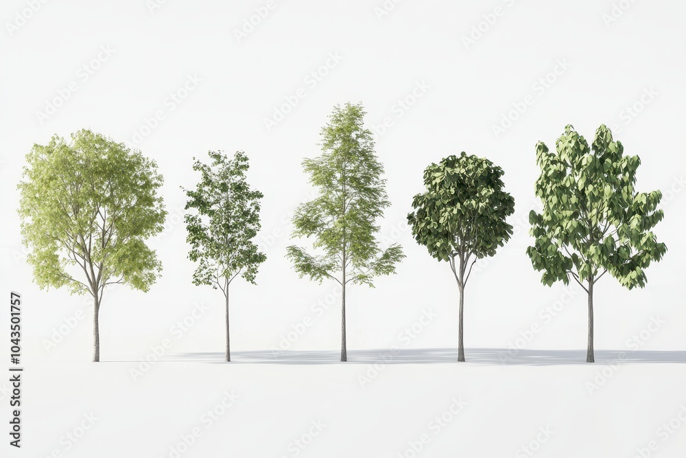 Obraz premium A row of green trees isolated against a white background, symbolizing growth, nature, and environmental simplicity. Perfect for themes of landscaping, natural design, and environmental concepts.