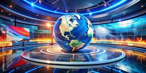 Animated Earth Rotating Digital World News Studio Background for Live Broadcasting and Reporting