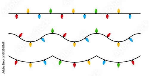 Christmas Lights Isolated on Transparent Background. Set of Christmas Lights Illustration. Christmas String Lights Vector Graphic for Christmas Card, Holiday Cover, Festive Backgrounds. 