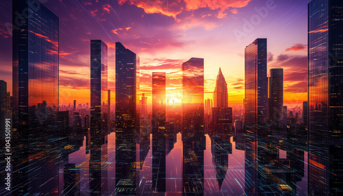 sunset over city