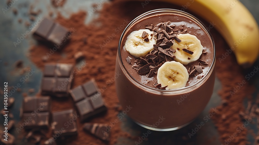A creamy chocolate banana smoothie, topped with chocolate shavings and banana slices, with a background of cocoa powder and whole bananas, bright natural lighting, smooth and delicious style. A creamy chocolate banana smoothie, topped with chocolate shavings and banana slices, with a background of cocoa powder and whole bananas, bright natural lighting, smooth and delicious style.