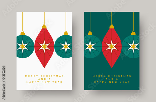 Christmas Card with Festive Decorations. Merry Christmas Greeting Card with Bauble Decoration Illustrations and Gold Text. Festive Design Template for Greeting Card, Holiday Cover, Poster, Background 