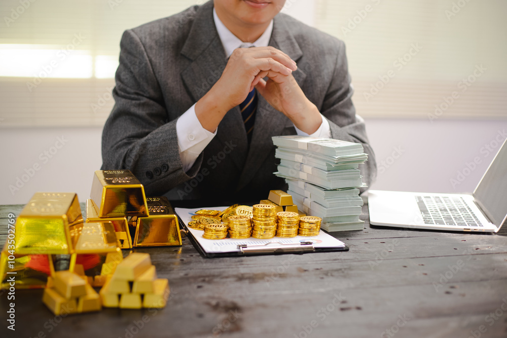 Illustration of a businessman working hard with gold bars, assessing investments and transactions in a financial office, demonstrating asset allocation and precious metals trading strategies. Illustration of a businessman working hard with gold bars, assessing investments and transactions in a financial office, demonstrating asset allocation and precious metals trading strategies.