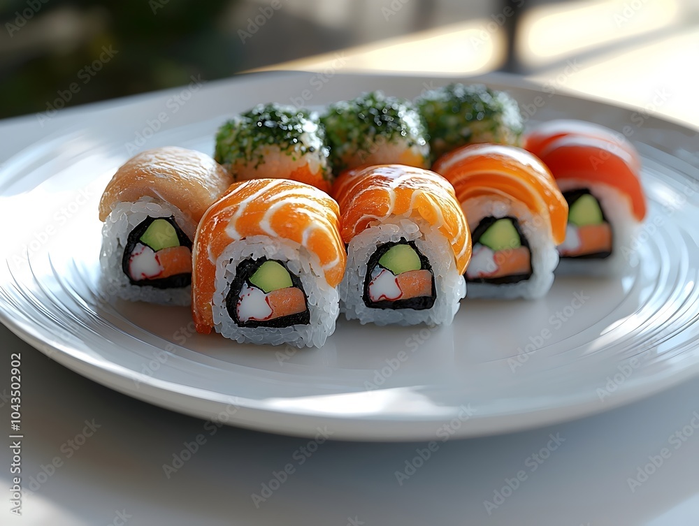 An elegant plate of sushi featuring a variety of rolls, showcasing colorful ingredients like salmon, avocado, and crab, beautifully arranged for a gourmet experience. An elegant plate of sushi featuring a variety of rolls, showcasing colorful ingredients like salmon, avocado, and crab, beautifully arranged for a gourmet experience.