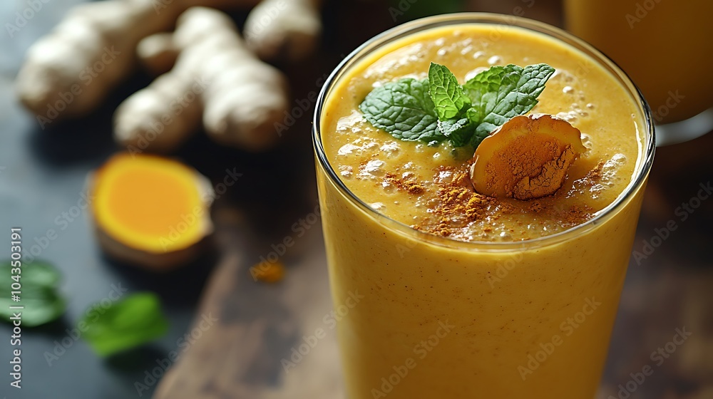A creamy ginger turmeric smoothie with a rich golden color, garnished with a turmeric slice and mint leaf, with ginger and turmeric scattered in the background, soft natural light, A creamy ginger turmeric smoothie with a rich golden color, garnished with a turmeric slice and mint leaf, with ginger and turmeric scattered in the background, soft natural light,