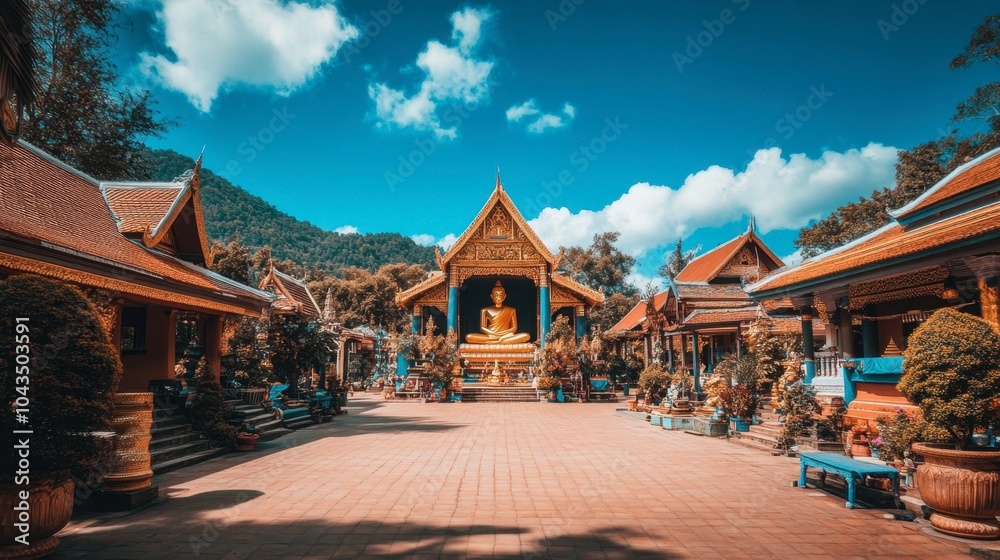 Obraz premium Serene Temple with Buddha Statue in Tranquil Landscape