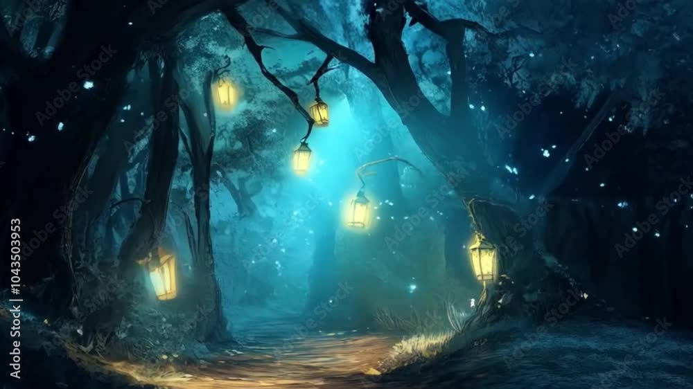 Magical Forest Animation.  Generated video.  An animation of moving through a magical forest with shimmering sparkles.