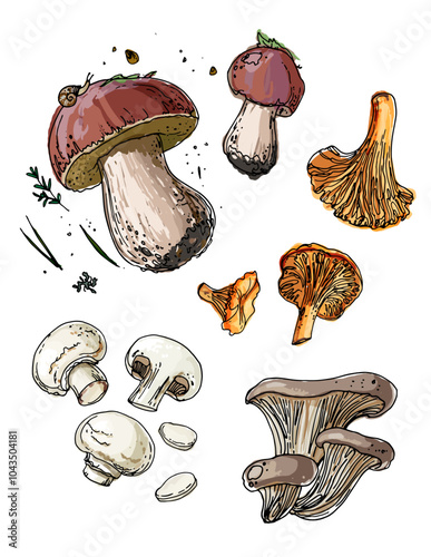 Sketch of food mushrooms. Boletus edulis, oyster mushrooms, chanterelles, champignons