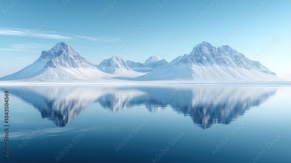 A panoramic view of a snow-capped mountain range reflected in a calm, blue lake, with a clear, blue sky. A panoramic view of a snow-capped mountain range reflected in a calm, blue lake, with a clear, blue sky.