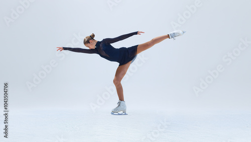 Powerful performance, Young girl, figure skater in black stage costume training, dancing with grace and focus isolated on white background. Concept of professional sport, performance. Copy space, ad photo