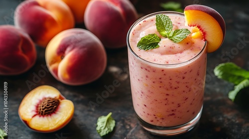 A creamy peach smoothie in a clear glass, garnished with a peach slice and a sprig of mint, surrounded by whole peaches and a dollop of yogurt, bright natural lighting, fresh and vibrant atmosphere,