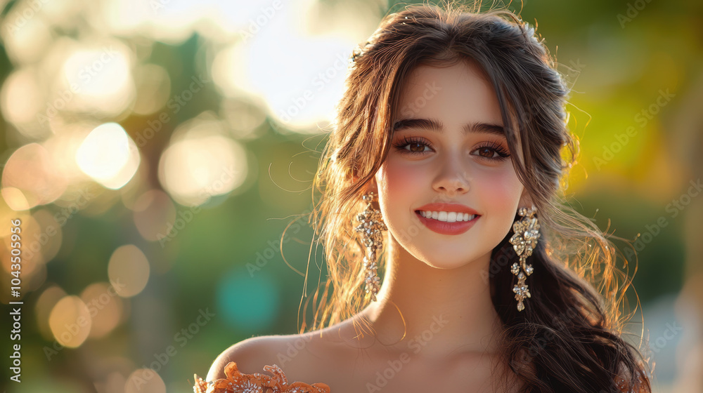girl in glamorous dress smiling brightly at camera, radiating joy and confidence in beautiful outdoor setting. soft sunlight enhances her features and creates warm atmosphere girl in glamorous dress smiling brightly at camera, radiating joy and confidence in beautiful outdoor setting. soft sunlight enhances her features and creates warm atmosphere