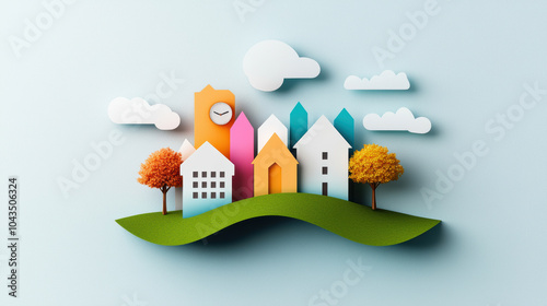 colorful paper cut style illustration of whimsical town with various houses, trees, and clouds, creating cheerful and vibrant atmosphere
