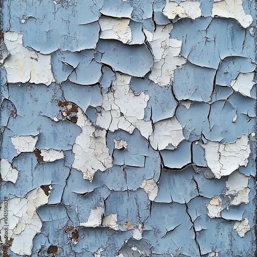 Close-up of weathered blue paint peeling from a wooden surface, creating an abstract texture. photo