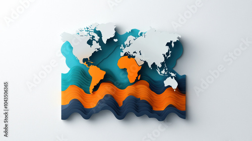 colorful infographic depicting world map with vibrant waves in orange and blue tones, symbolizing global connections and environmental themes photo