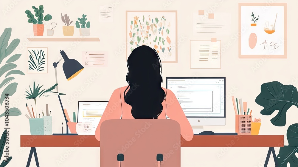 Fototapeta premium Woman in a professional outfit sits at her desk, surrounded by work materials, embodying focus, productivity, and modern work-life balance.