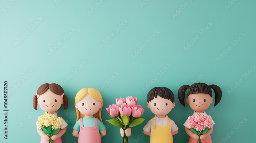 Four colorful dolls hold flower bouquets against a turquoise background, embodying friendship and playfulness. Four colorful dolls hold flower bouquets against a turquoise background, embodying friendship and playfulness.