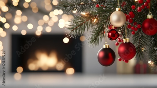 Christmas Ornaments on Pine Branch with Fireplace and Lights in Background