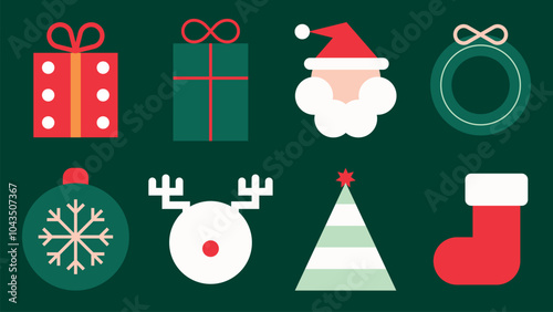 Flat vector style Christmas icons in red, green, and white. Minimalist vector style with gifts, Santa, and festive elements. Cute holiday and Christmas icons, including festive vector elements.