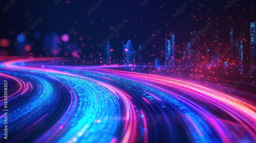 A futuristic cityscape at night with red and blue light trails, symbolizing technology, speed, and urban innovation. Ideal for themes of smart cities, digital transformation, and modern infrastructure