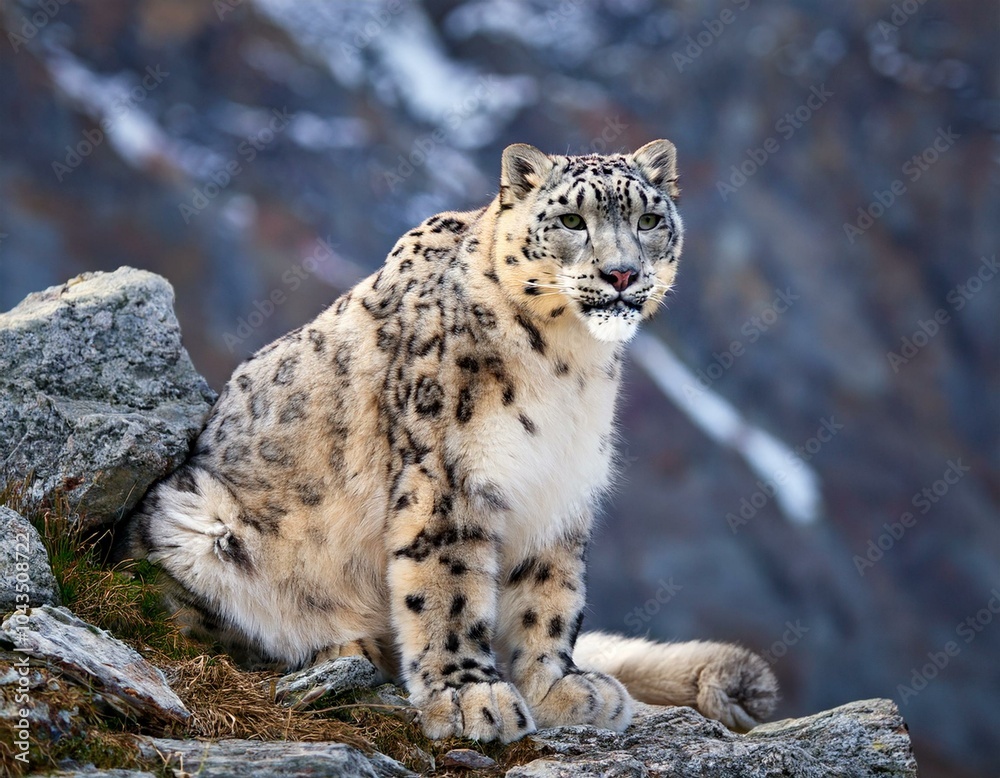 Snow leopard on the rock. Latin name - Uncia uncia Snow leopard on the rock. Latin name - Uncia uncia