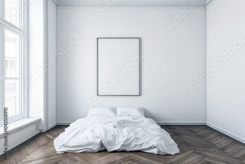 Une chambre à coucher blanche minimaliste avec un parquet en bois, des murs blancs et un cadre vertical vide accroché au mur. photo