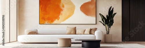 Un salon minimaliste avec une peinture abstraite au mur, dans des tons audacieux orange et beige, avec canapé blanc, complété par deux petites table basse rondes dans des teintes brunes.