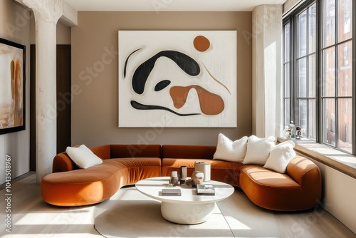 Un salon moderne avec un canapé en velours orange, des coussins blancs et une table basse ronde devant le canapé. Peinture abstraite accroché au mur. photo