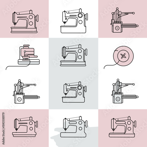 Set of 20 minimalist, outline-style logos representing various types of machinery used in the garment and textile industry.