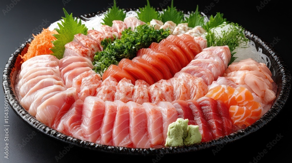 A platter of fresh, raw sashimi, including salmon, tuna, and other fish, arranged in a circle on a black plate with shredded carrots and green leaves. A platter of fresh, raw sashimi, including salmon, tuna, and other fish, arranged in a circle on a black plate with shredded carrots and green leaves.