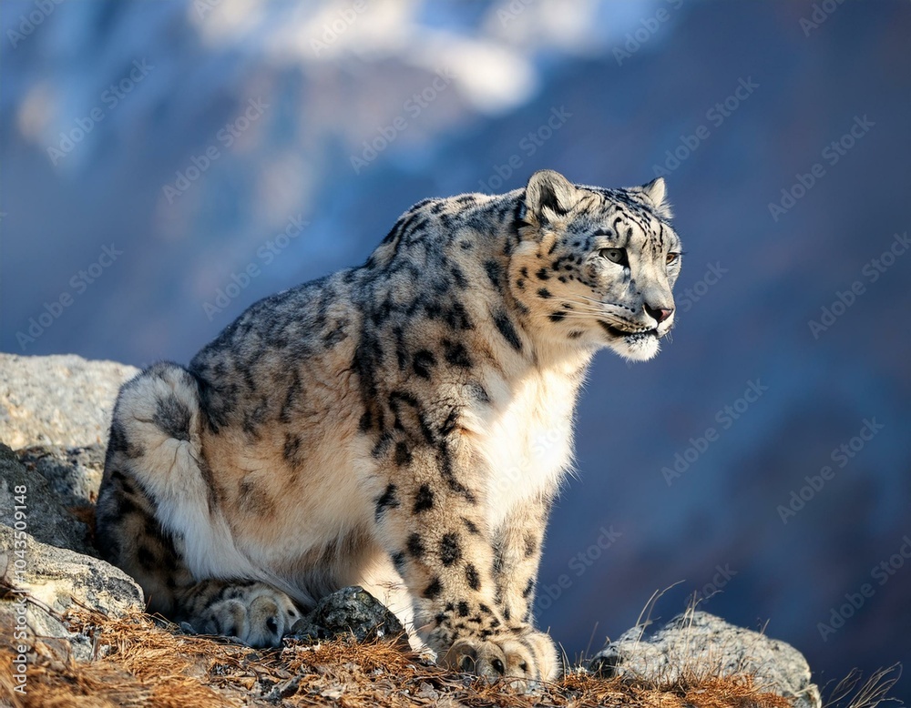 Snow leopard on the rock. Latin name - Uncia uncia Snow leopard on the rock. Latin name - Uncia uncia