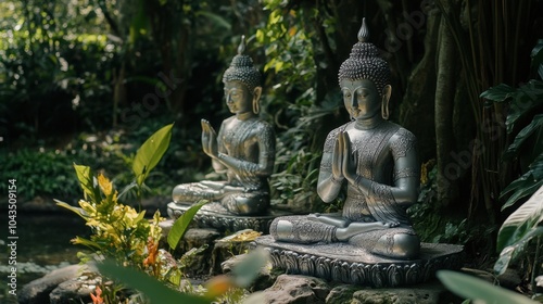 Serene Buddha Statues in Lush Greenery