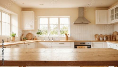 Mint Empty wooden table with the bright white interior of the kitchen as a blurred background behind the bokeh golden sunshine (12).jpg photo