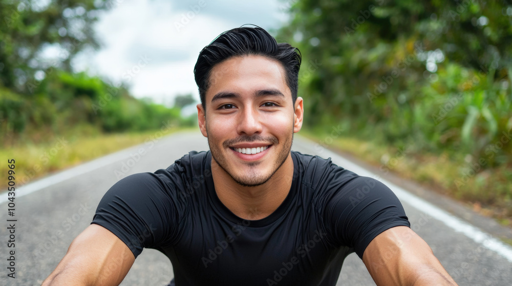young man in sportswear is smiling confidently while sitting on road surrounded by greenery. His athletic build and positive expression convey sense of vitality and energy young man in sportswear is smiling confidently while sitting on road surrounded by greenery. His athletic build and positive expression convey sense of vitality and energy