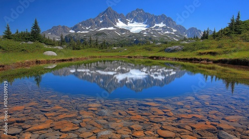 A pristine mountain lake reflects the snow-capped peak and blue sky above, with clear, shallow water revealing a bed of smooth, round stones.