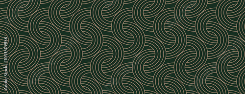Dark green background with a wavy line pattern. The background has a seamless, elegant texture with green and beige swirls. Vector. Art deco pattern background. Green background vector.