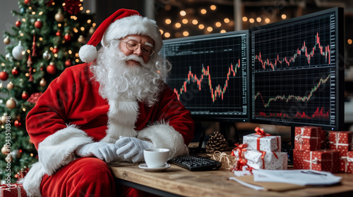 Santa Claus Trading on the Stock Market During Christmas, Ai Generative
