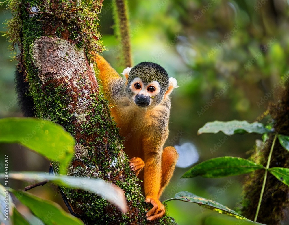 Obraz premium Squirrel monkey, Saimiri oerstedii, sitting on the tree trunk with green leaves, Corcovado NP, Costa Rica. Monkey in the tropic forest vegetation. Wildlife scene from nature. Beautiful cute animal.