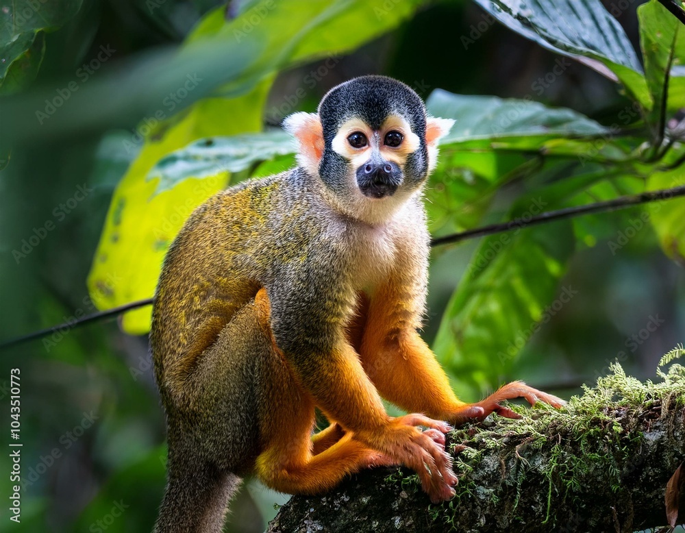 Fototapeta premium Squirrel monkey, Saimiri oerstedii, sitting on the tree trunk with green leaves, Corcovado NP, Costa Rica. Monkey in the tropic forest vegetation. Wildlife scene from nature. Beautiful cute animal.