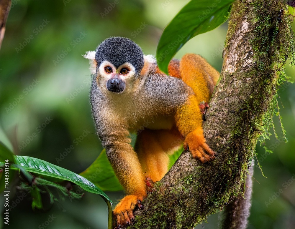 Obraz premium Squirrel monkey, Saimiri oerstedii, sitting on the tree trunk with green leaves, Corcovado NP, Costa Rica. Monkey in the tropic forest vegetation. Wildlife scene from nature. Beautiful cute animal.