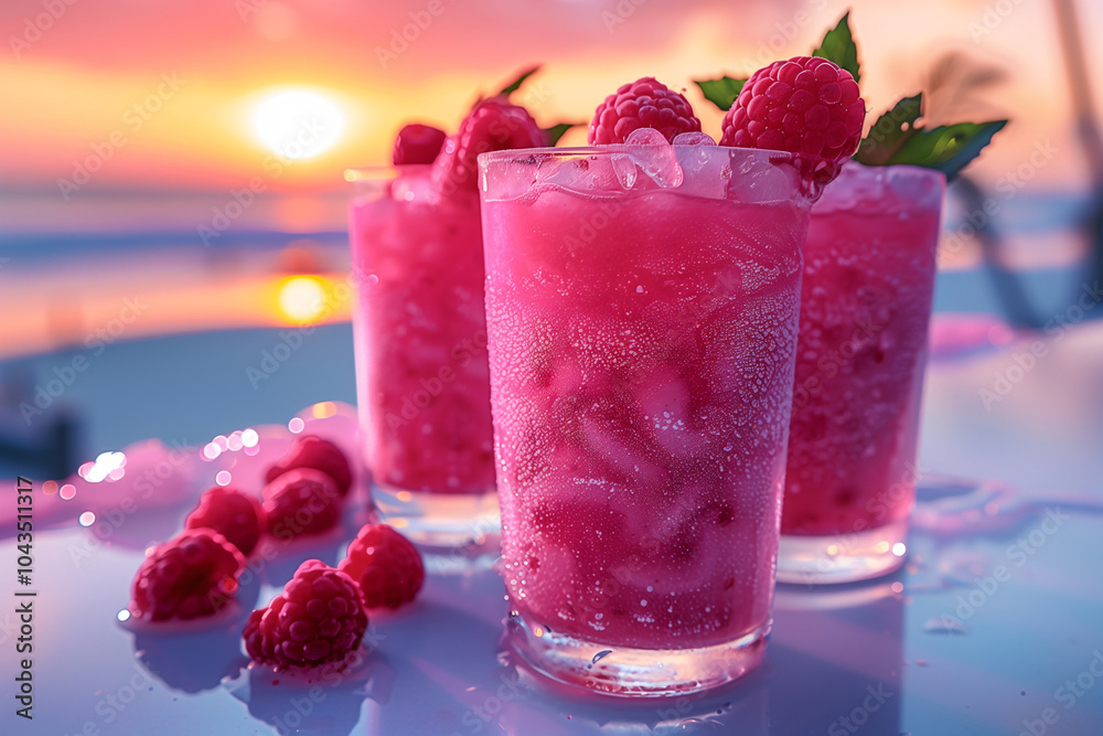 Refreshing Pink Sparkling Beverages with Raspberries at Sunset Refreshing Pink Sparkling Beverages with Raspberries at Sunset