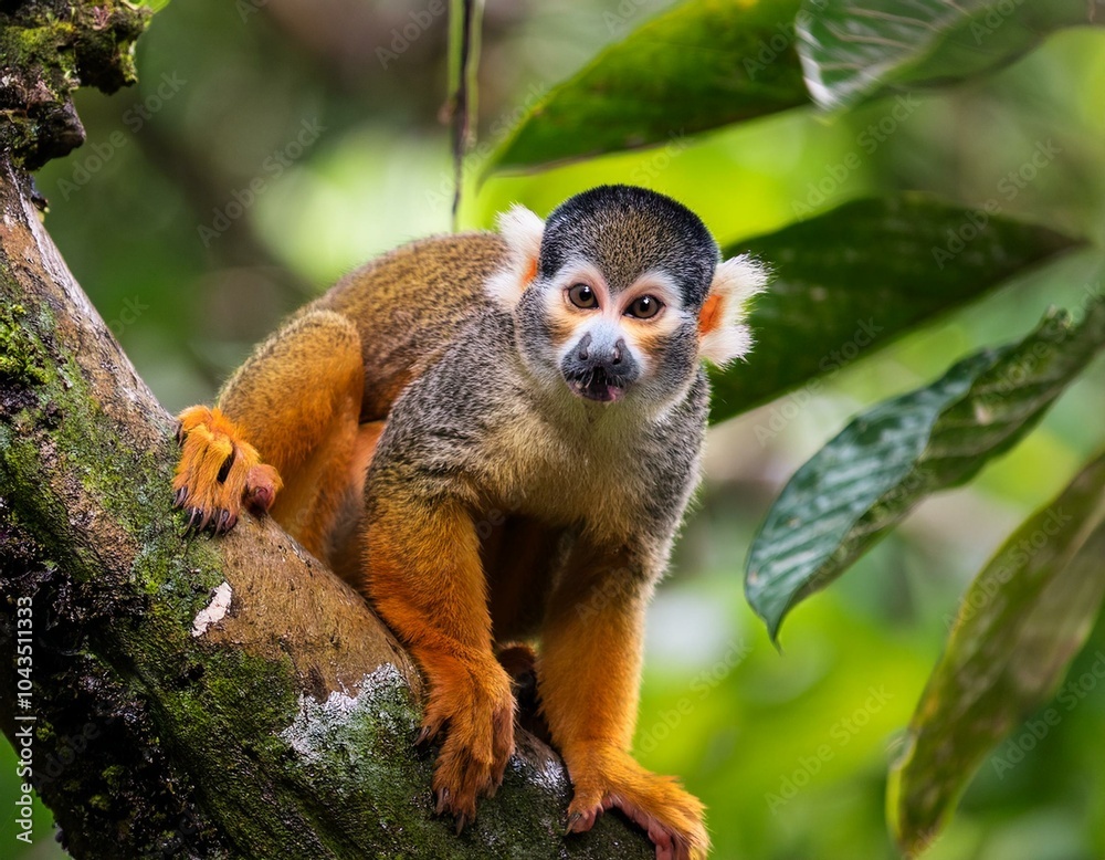 Fototapeta premium Squirrel monkey, Saimiri oerstedii, sitting on the tree trunk with green leaves, Corcovado NP, Costa Rica. Monkey in the tropic forest vegetation. Wildlife scene from nature. Beautiful cute animal.