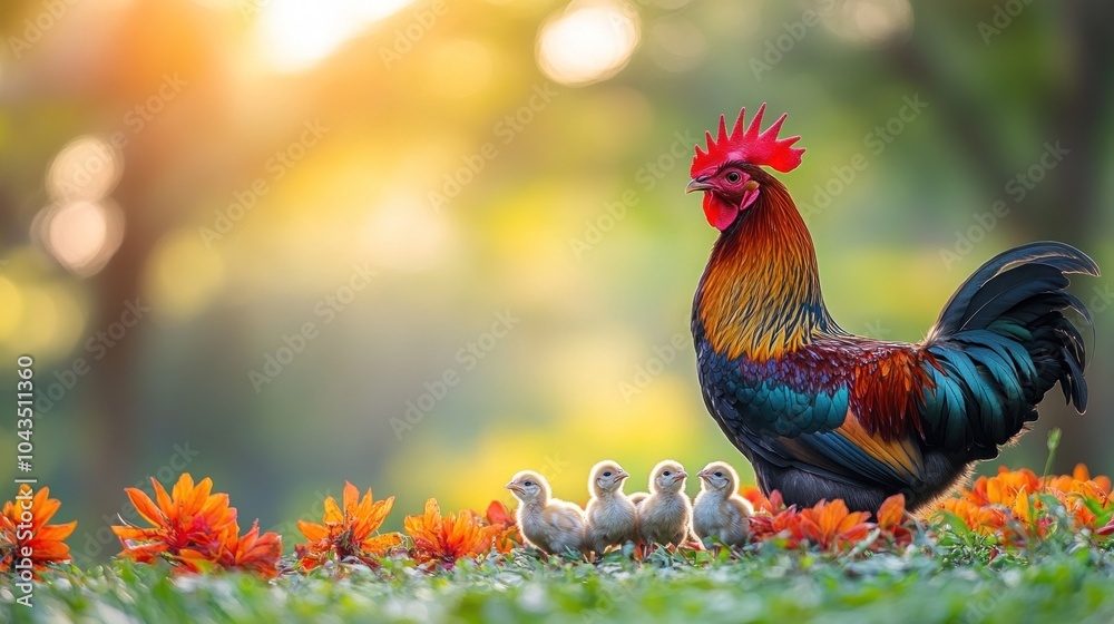 Fototapeta premium A rooster stands proudly with its chicks in a field of flowers at sunrise.